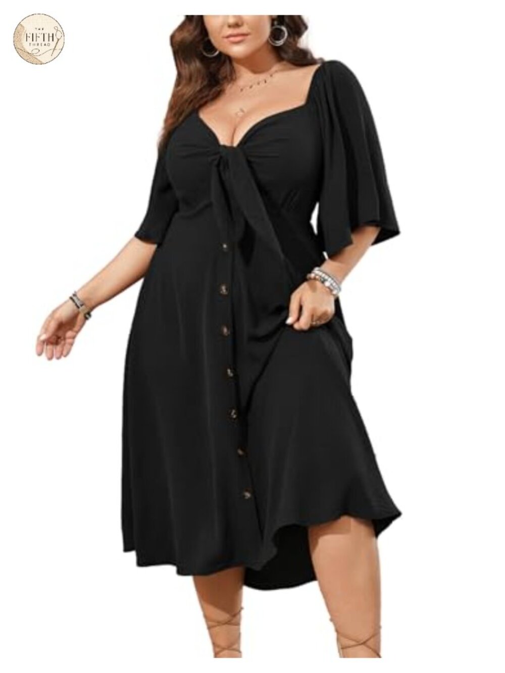 Plus Size Summer Midi Dress Bell Sleeve Smocked V-Neck Flowy Casual